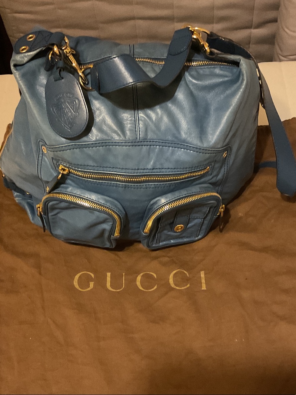 Gucci Darwin large Blue Leather Shoulder Backpack with Gold Hardware